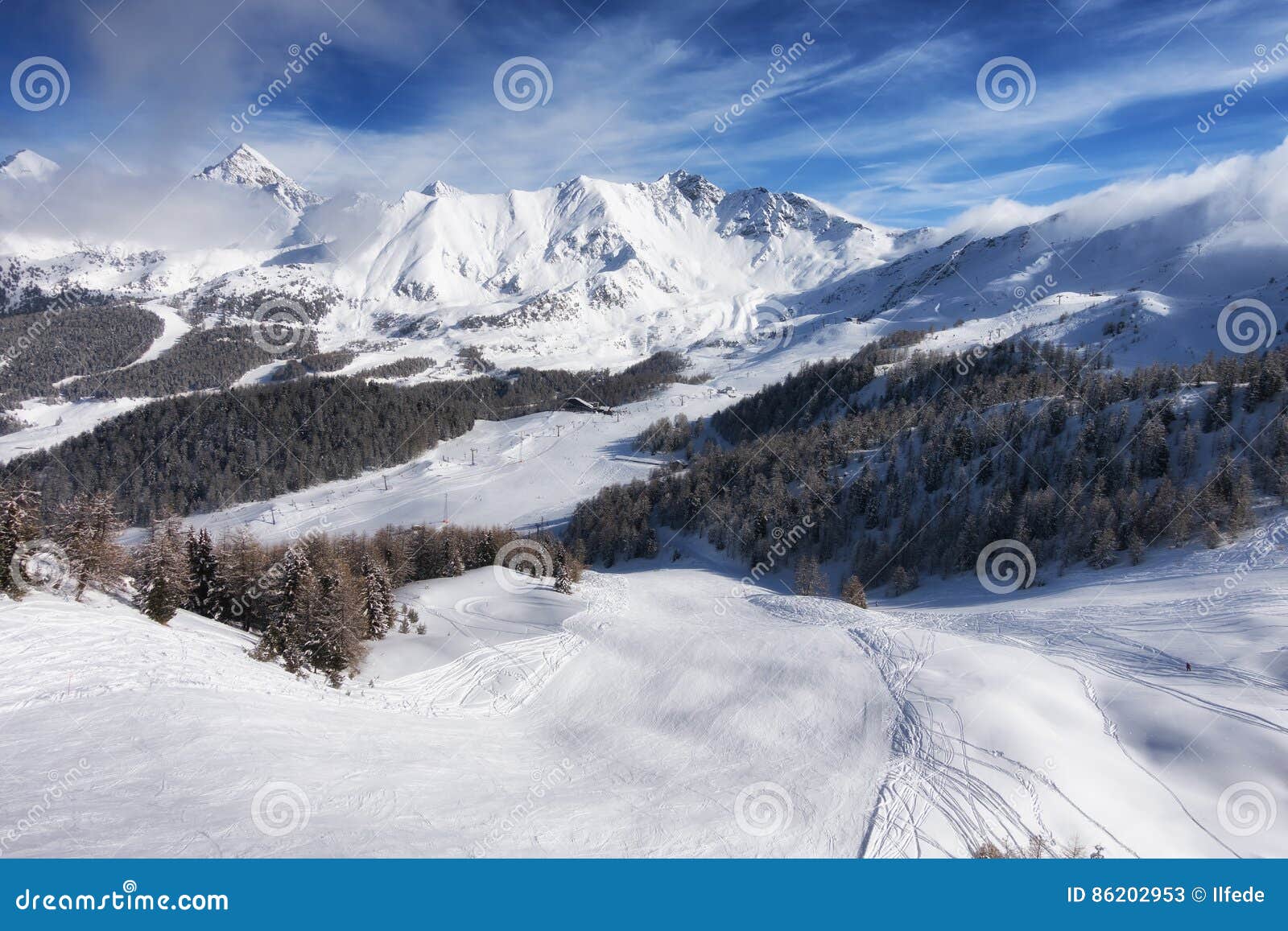aerial mountain view of pila ski resort in winter, aosta, italy