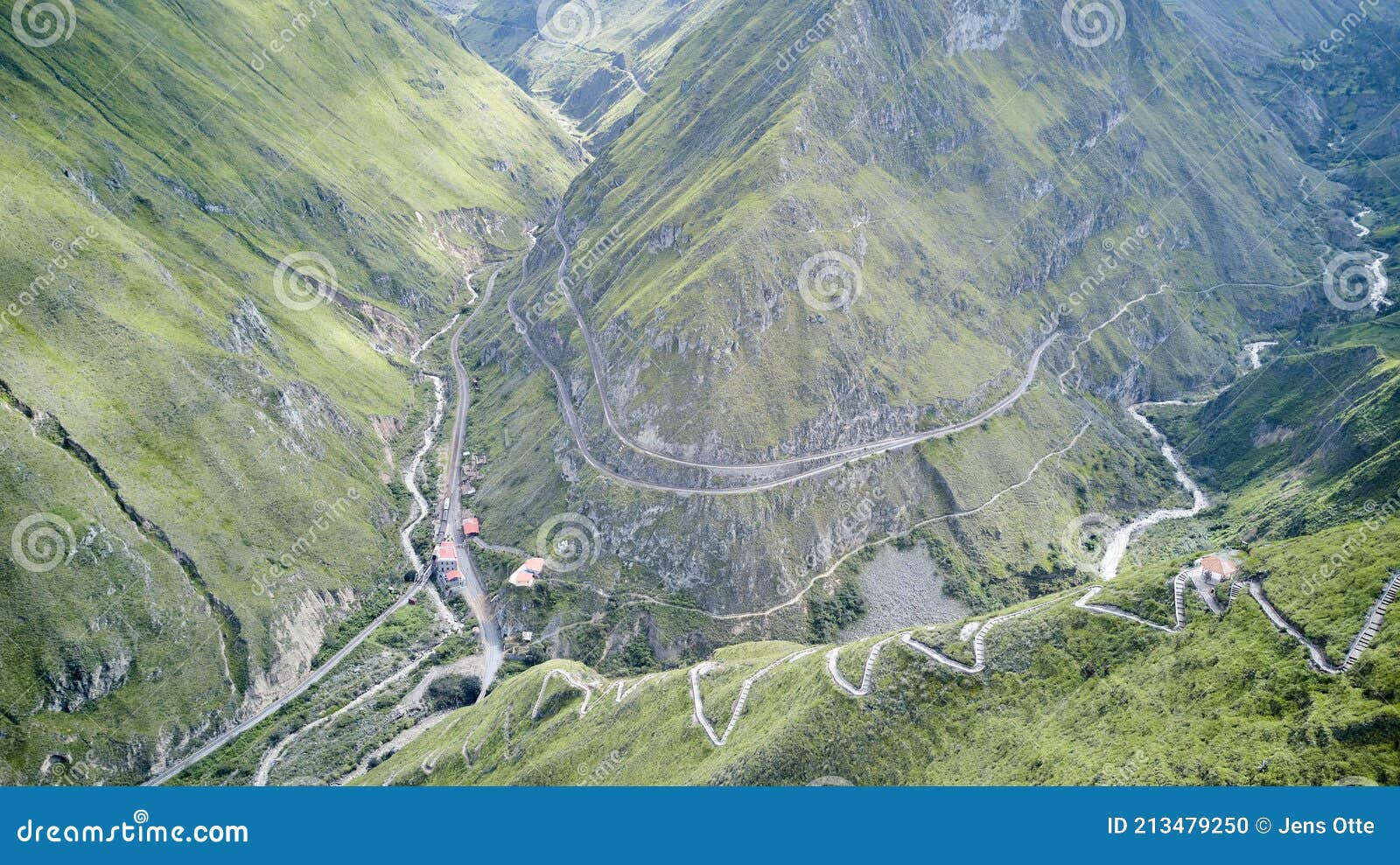aerial of nariz del diablo, devilÃ¢â¬â¢s nose, a famous railroad track in the andes of ecuador.