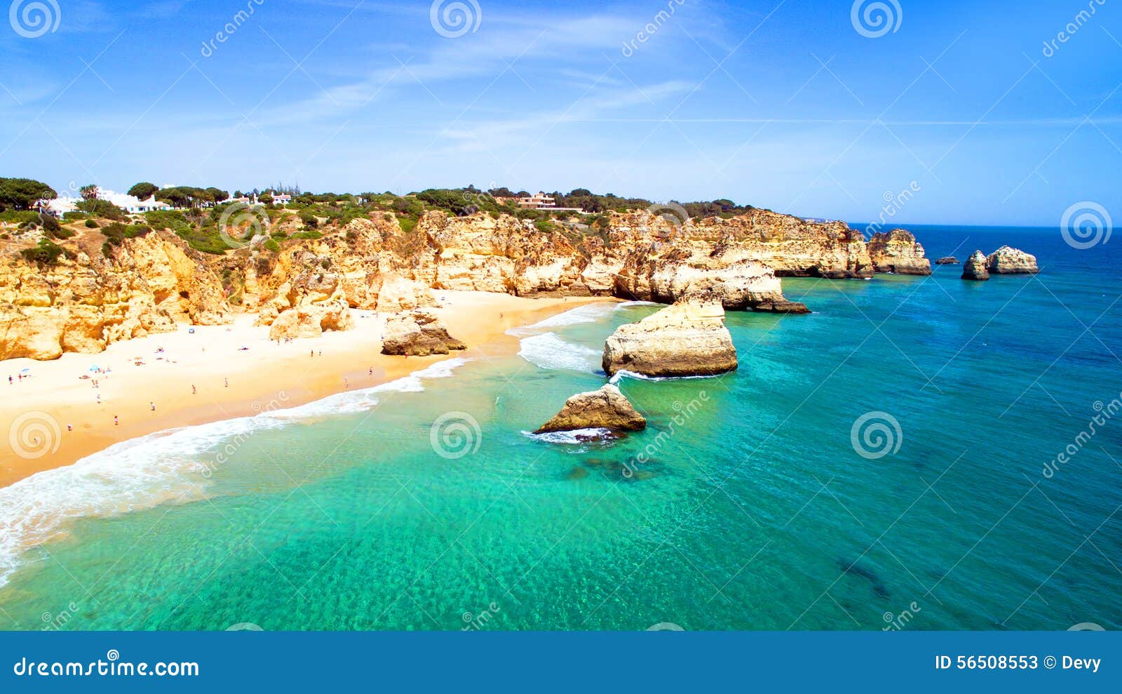 aerial from natural rocks at praia tres irmaos alvor portugal