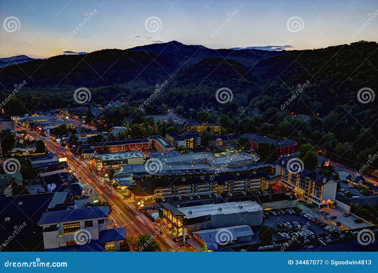 aerial night view of the main road through gatlinburg, tennessee