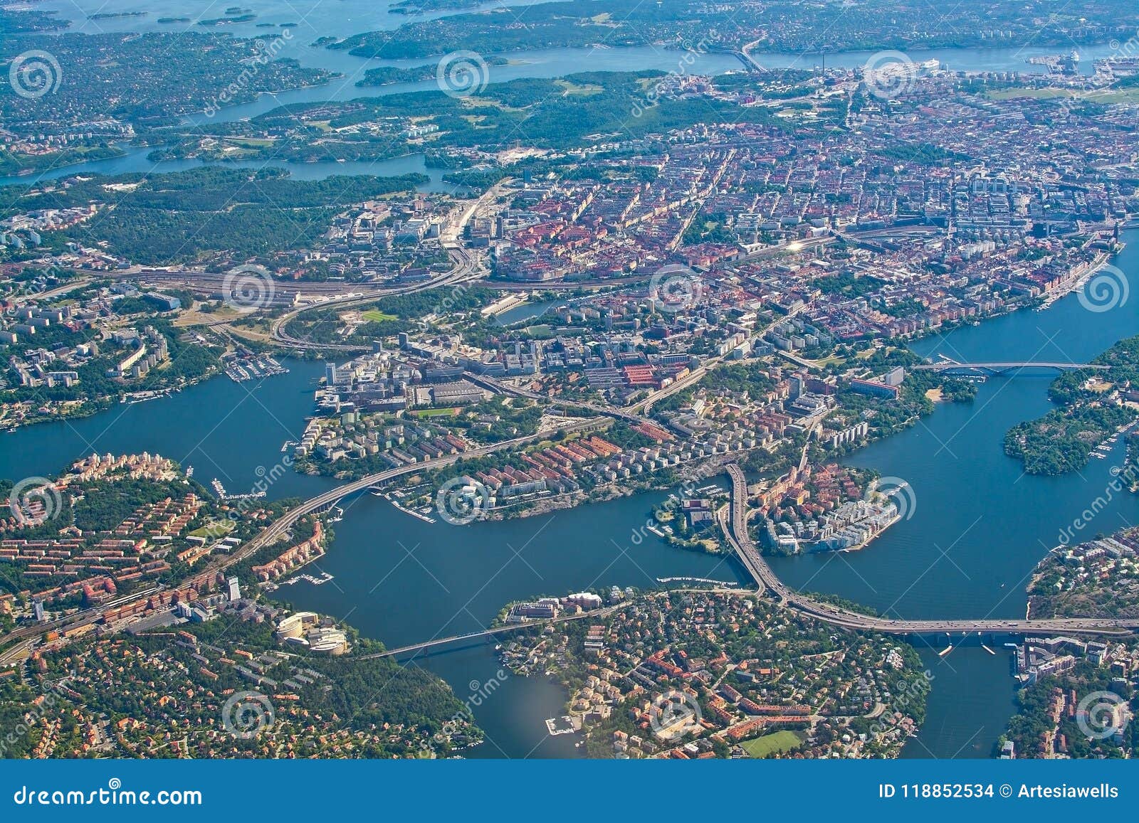 aerial over stockholm sodermalm old town island essingeleden dju