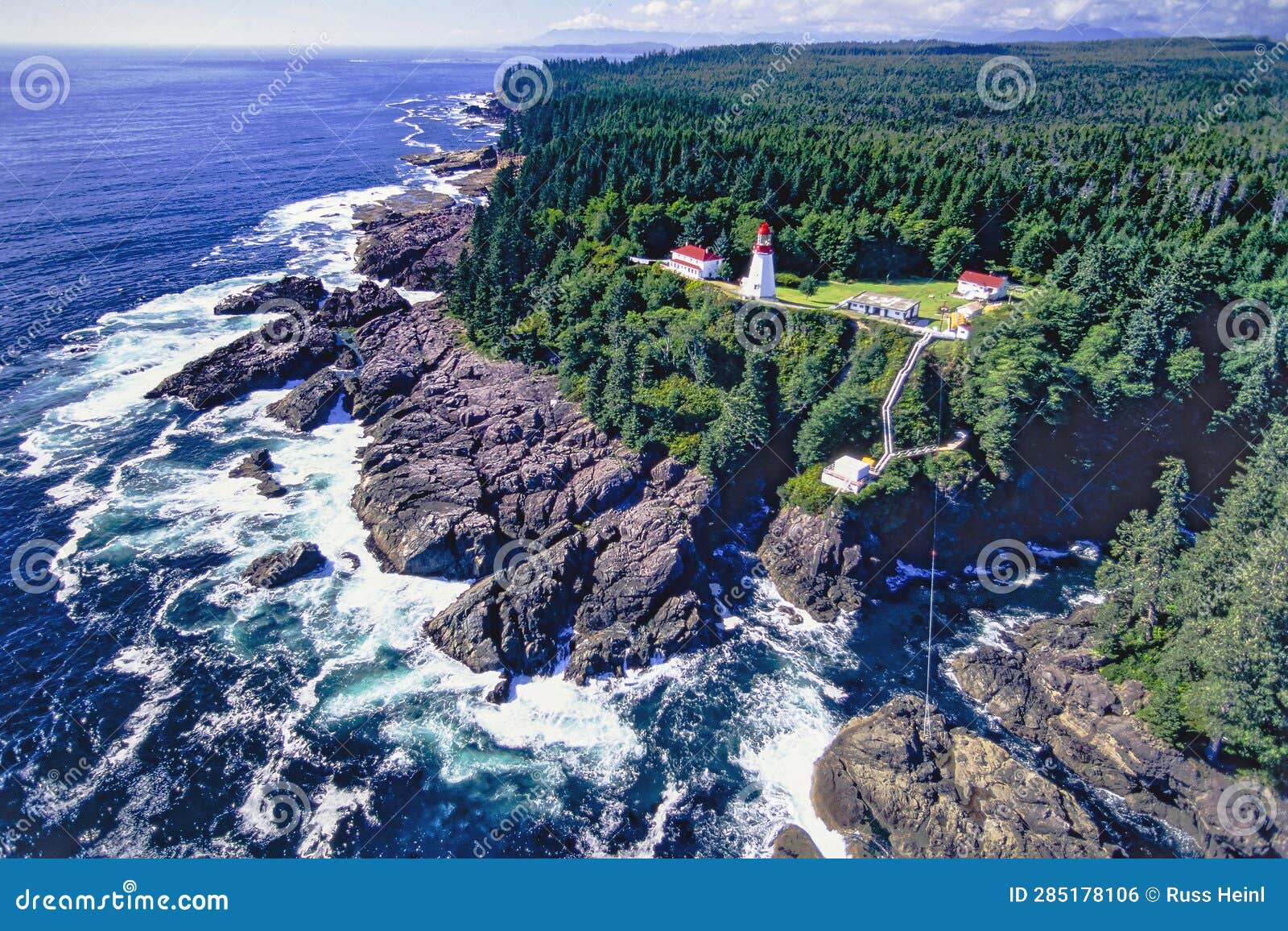 Aerial of Pachena Point Lighthouse on Vancouver Island, BC, Canada