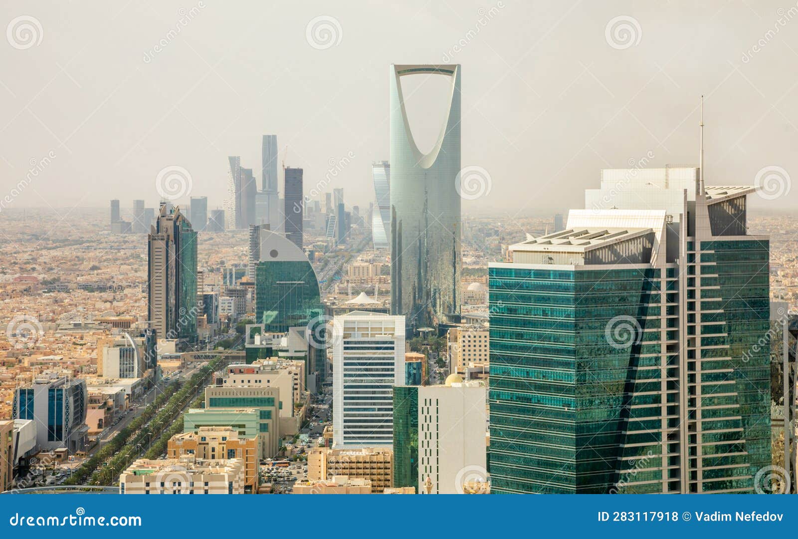 aerial panorama of downtown of riyadh city with skyscrapers of al olaya central business district, al riyadh, saudi arabia