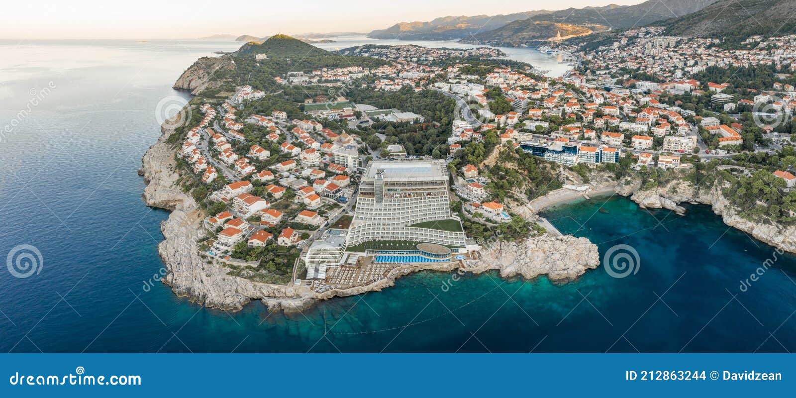Aerial Panorama Drone Shot Of Dubrovnik Lapad Peninsula Area Before Sunrise In Croatia Morning