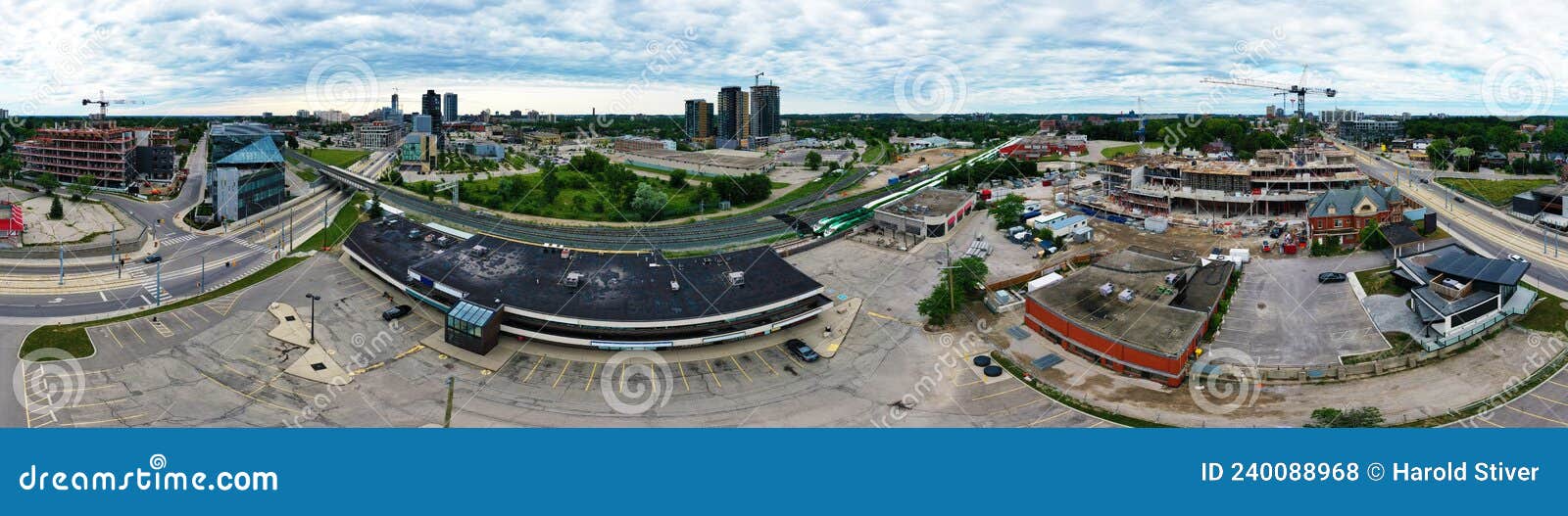 Aerial Panorama of Kitchener, Ontario, Canada of Multiple Construction Projects Stock Photo