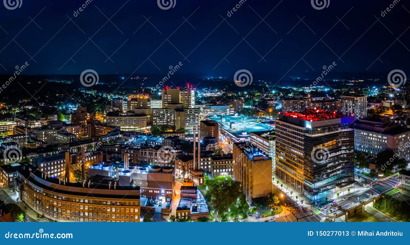 aerial panorama of new haven, connecticut by night