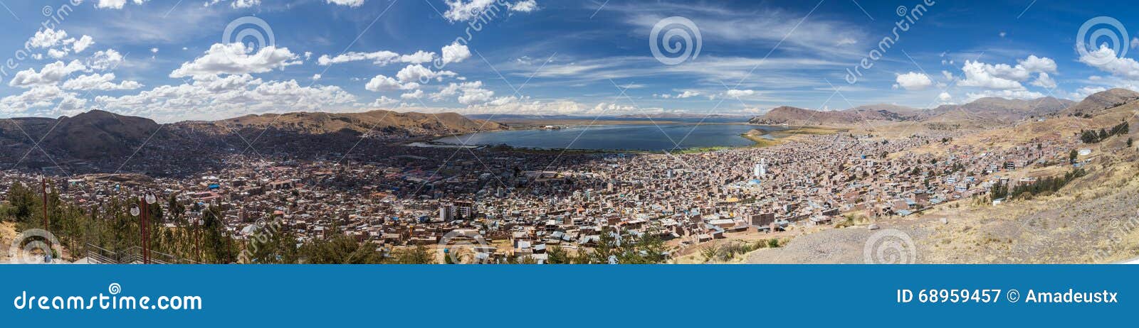 aerial panorama of puno and lake titicaca from mirador el condor, peru