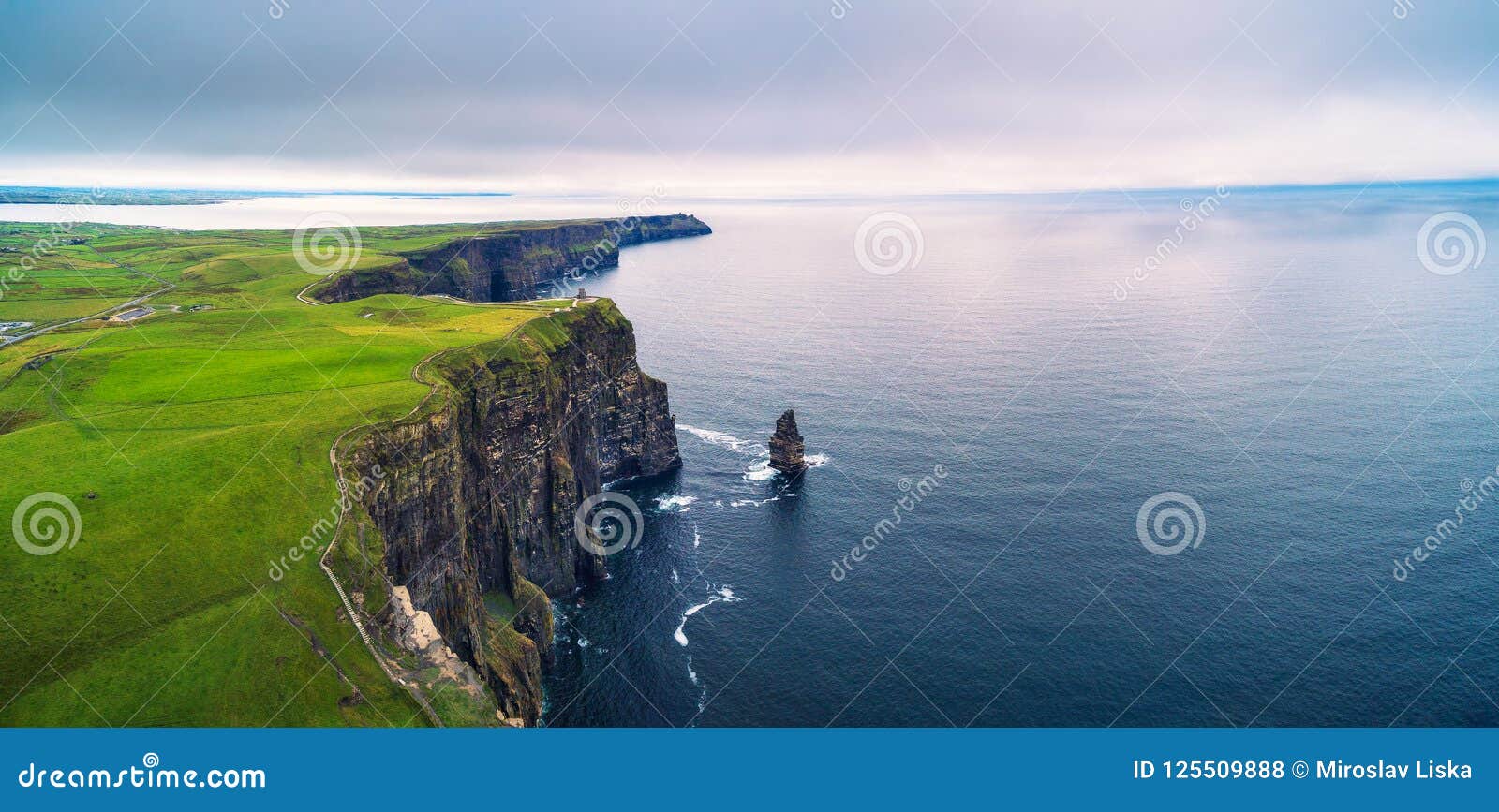 aerial panorama of the scenic cliffs of moher in ireland