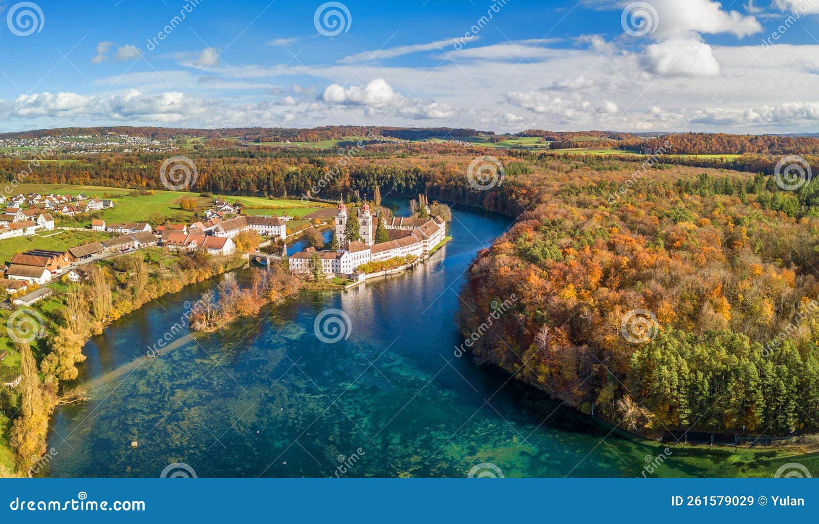 aerial panorama view of the rheinau abbey islet on rhine river