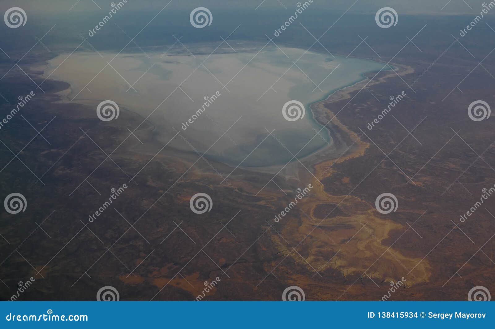 aerial panorama view to saline barsa kelmes lake and ustyurt plateau at karakalpakstan, uzbekistan