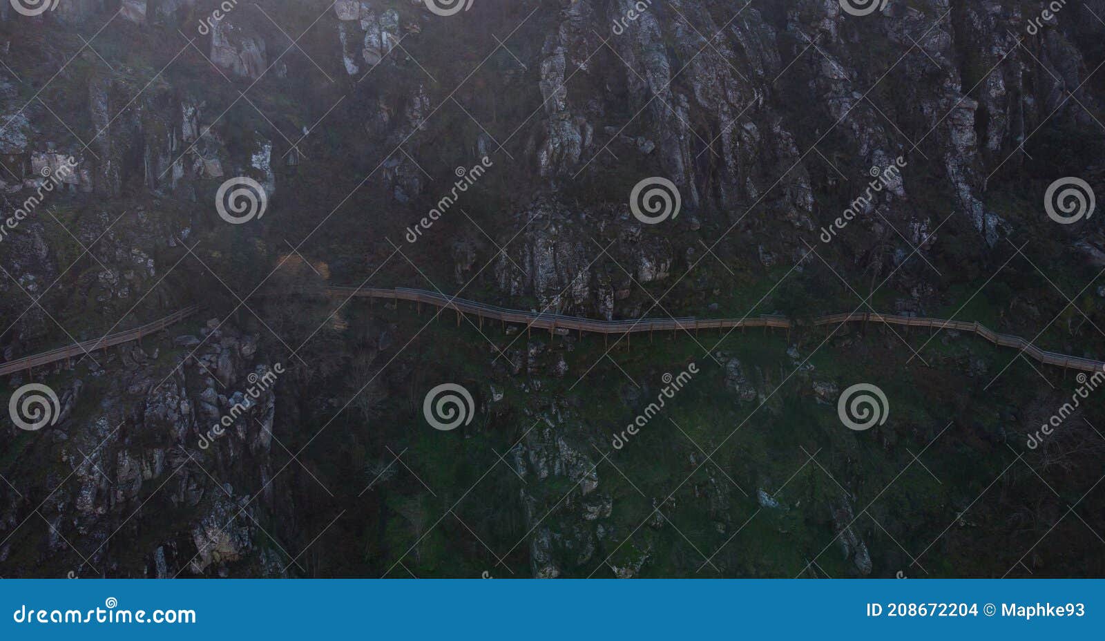 aerial panorama of wooden walkway stairs staircase nature hiking trail path passadicos do paiva, arouca aveiro portugal