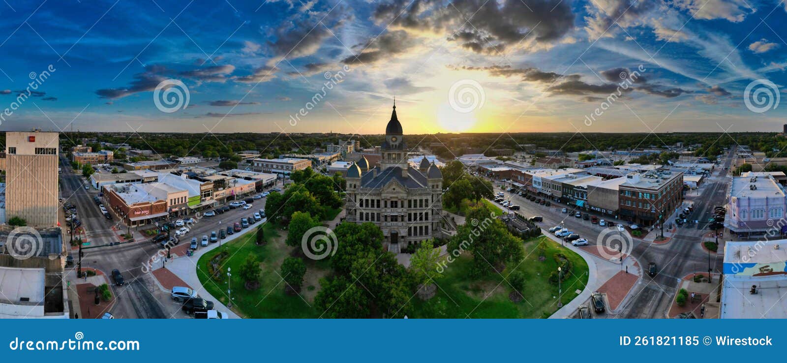aerial panoramic of the denton county courthouse museum around the streets and buildings in texas