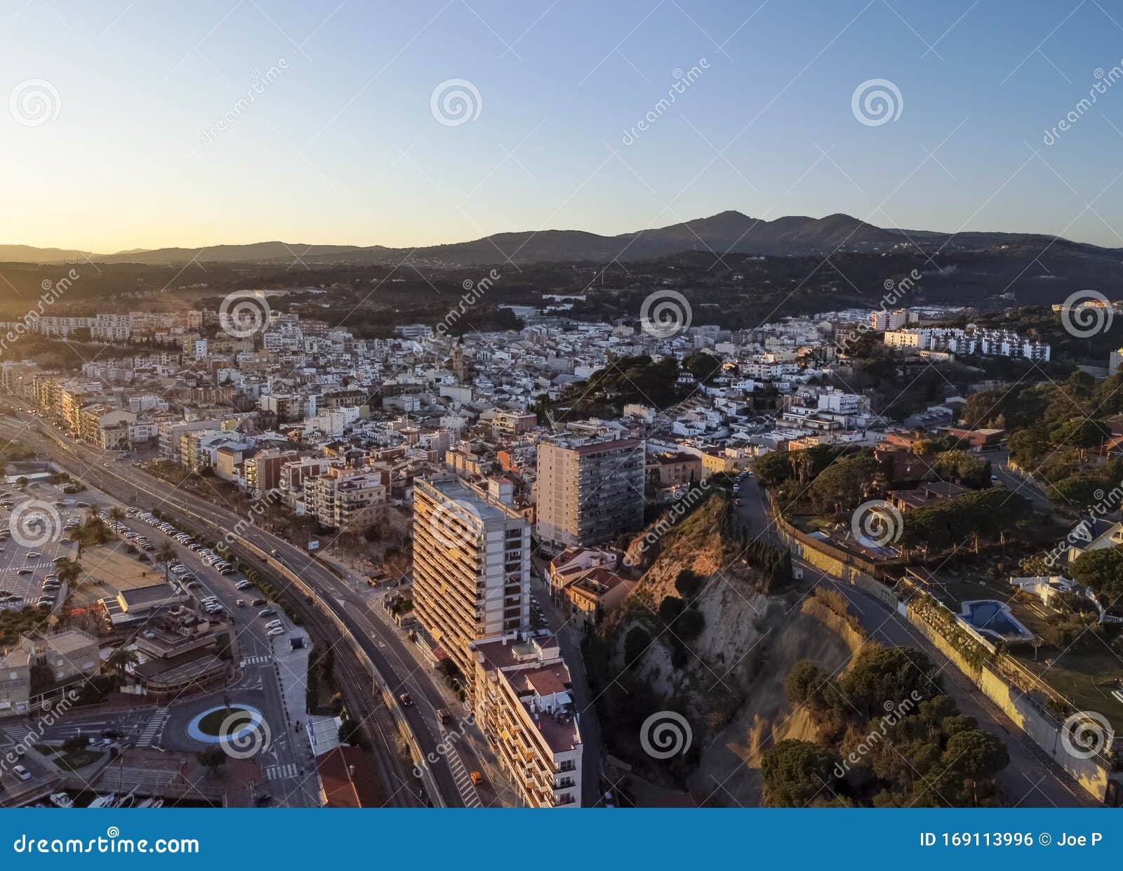 aerial panoramic view of arenys de mar city at dawn. located in el maresme, barcelona, spain