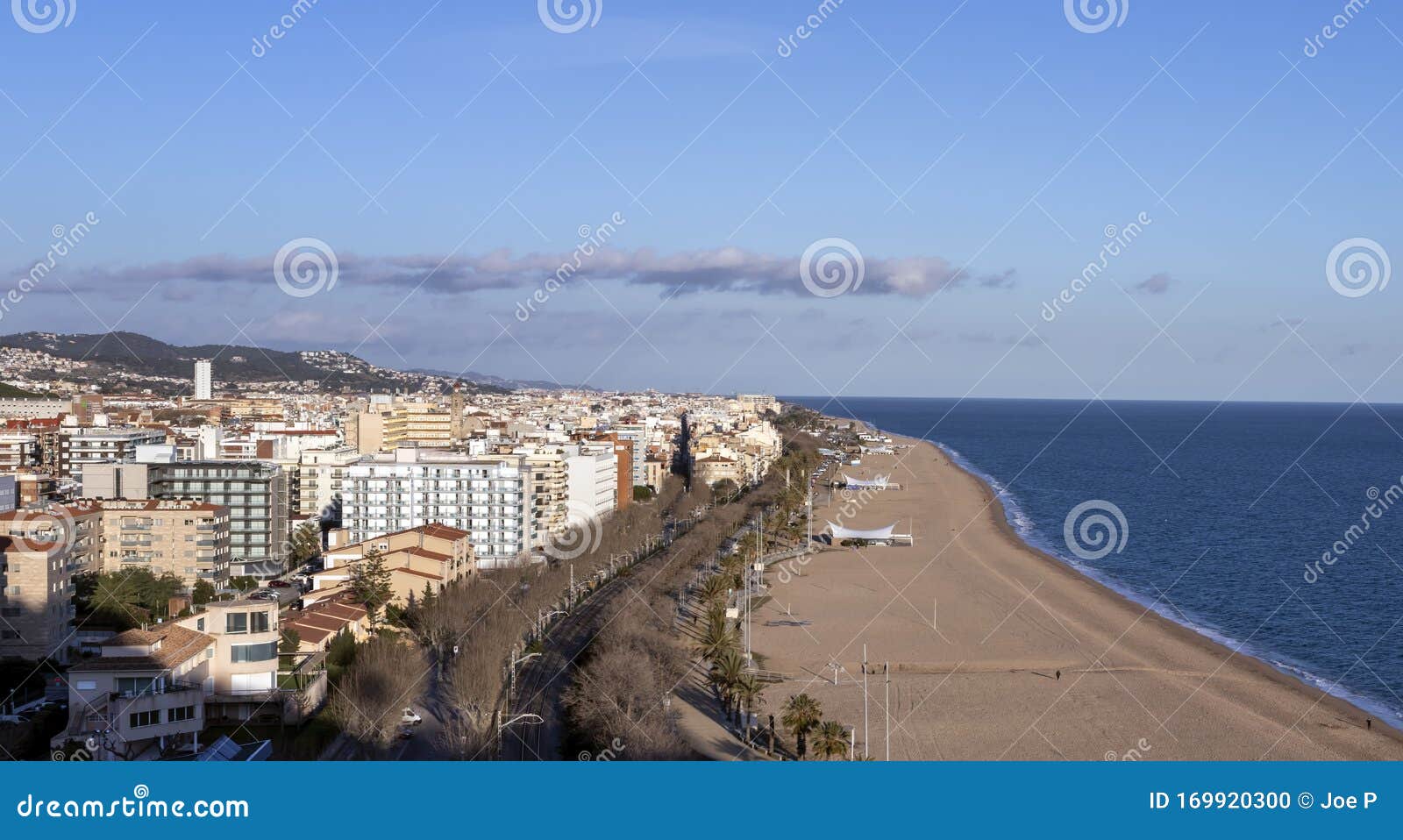 aerial panoramic view of calella city in el maresme, catalonia, spain
