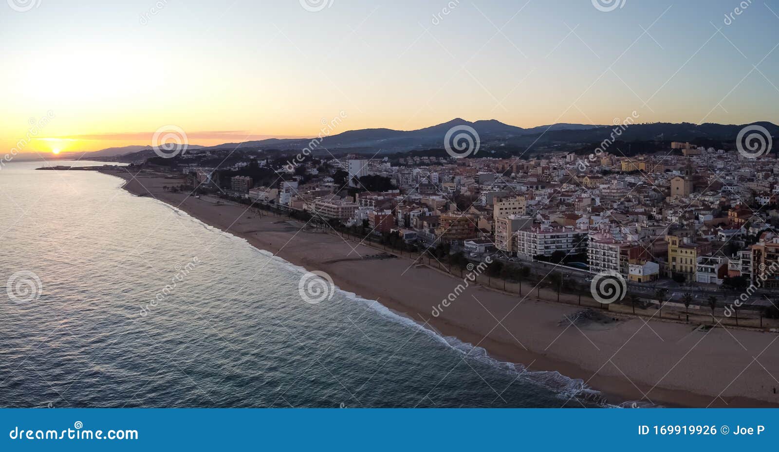 aerial panoramic view of canet de mar in el maresme coast, catalonia, spain