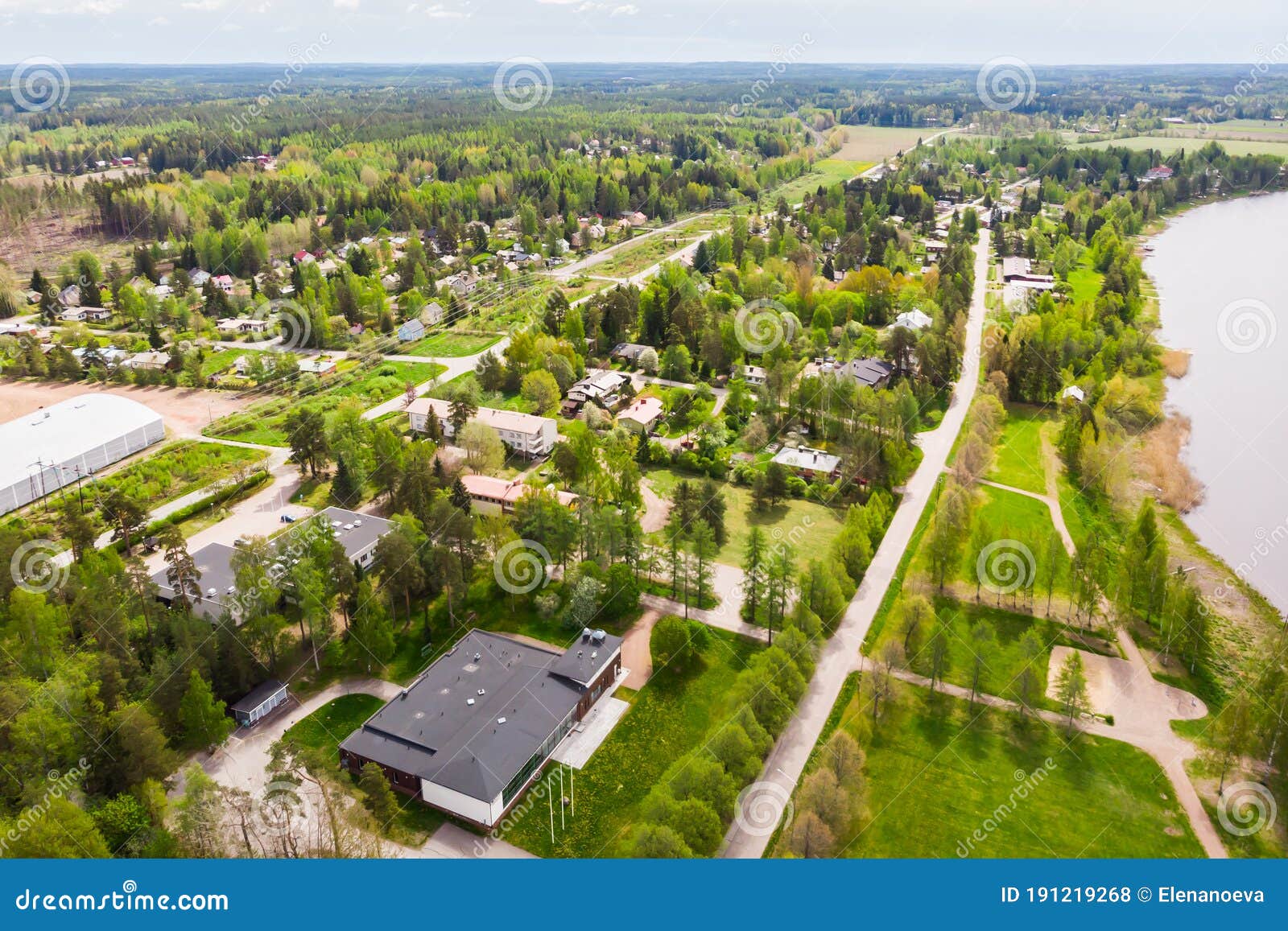 aerial panoramic view of city inkeroinen at river kymijoki, finland