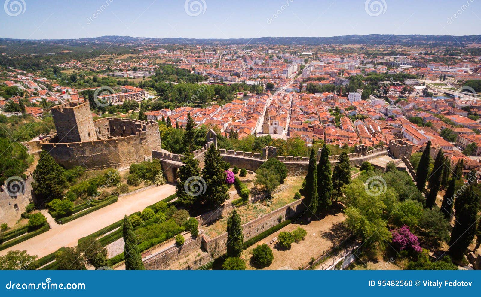 aerial panoramic view of the city of tomar fron monastrty convento de cristo