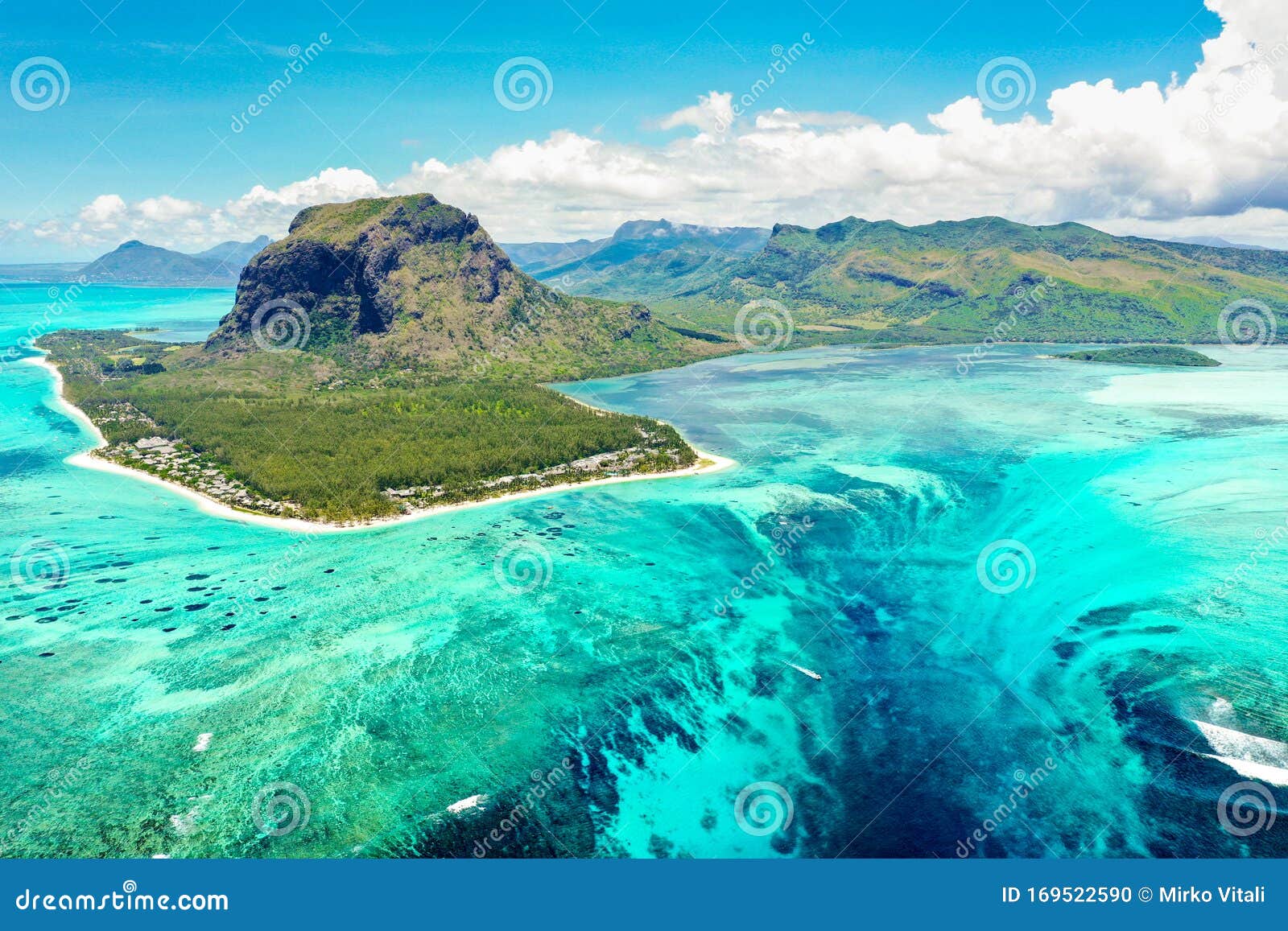 aerial panoramic view of mauritius island - detail of le morne brabant mountain with underwater waterfall perspective