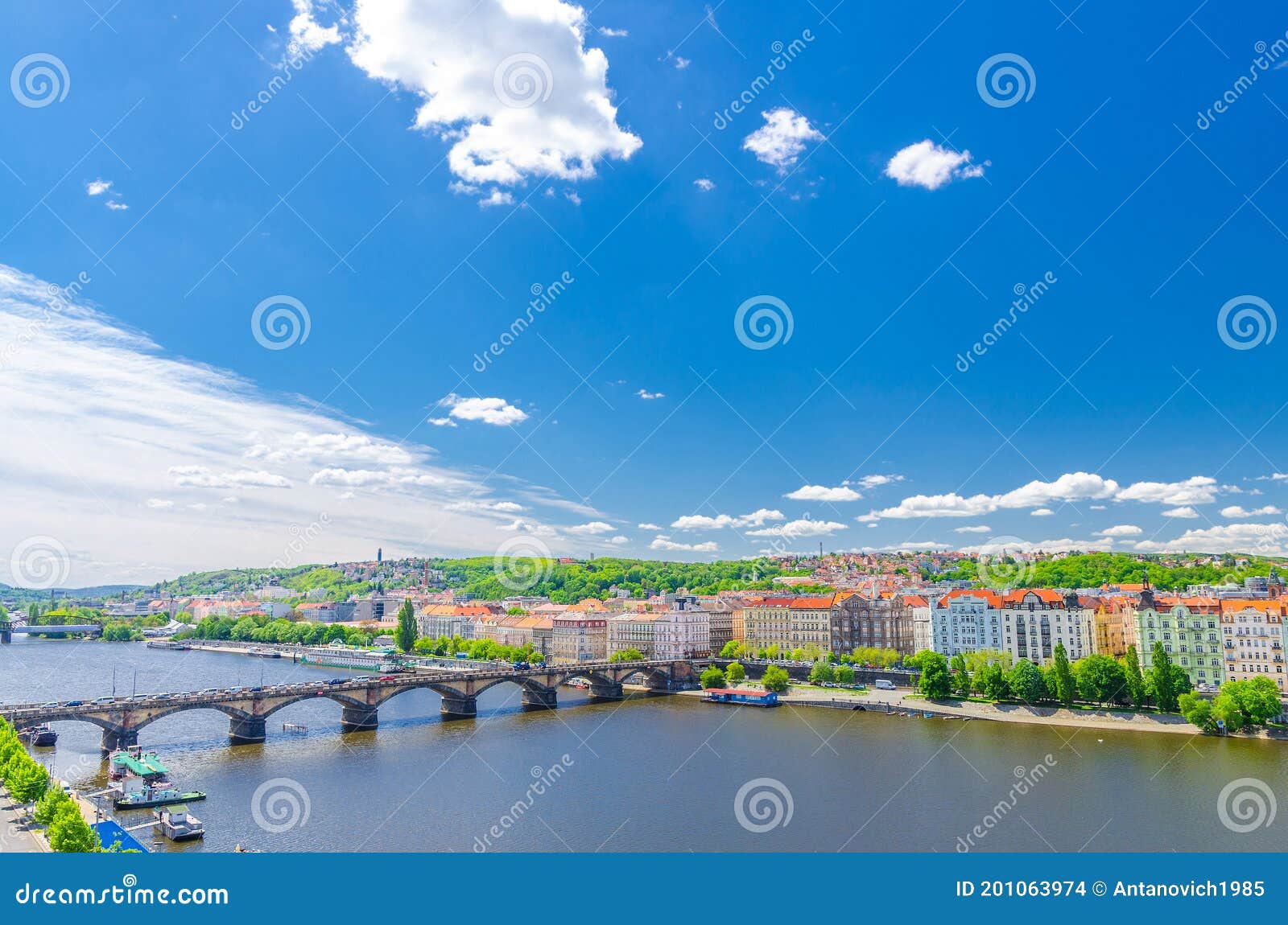 aerial panoramic view of prague city, historical center with smichov district