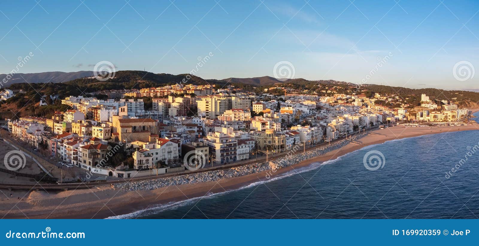 aerial panoramic view of sant pol de mar village in el maresme coast, catalonia