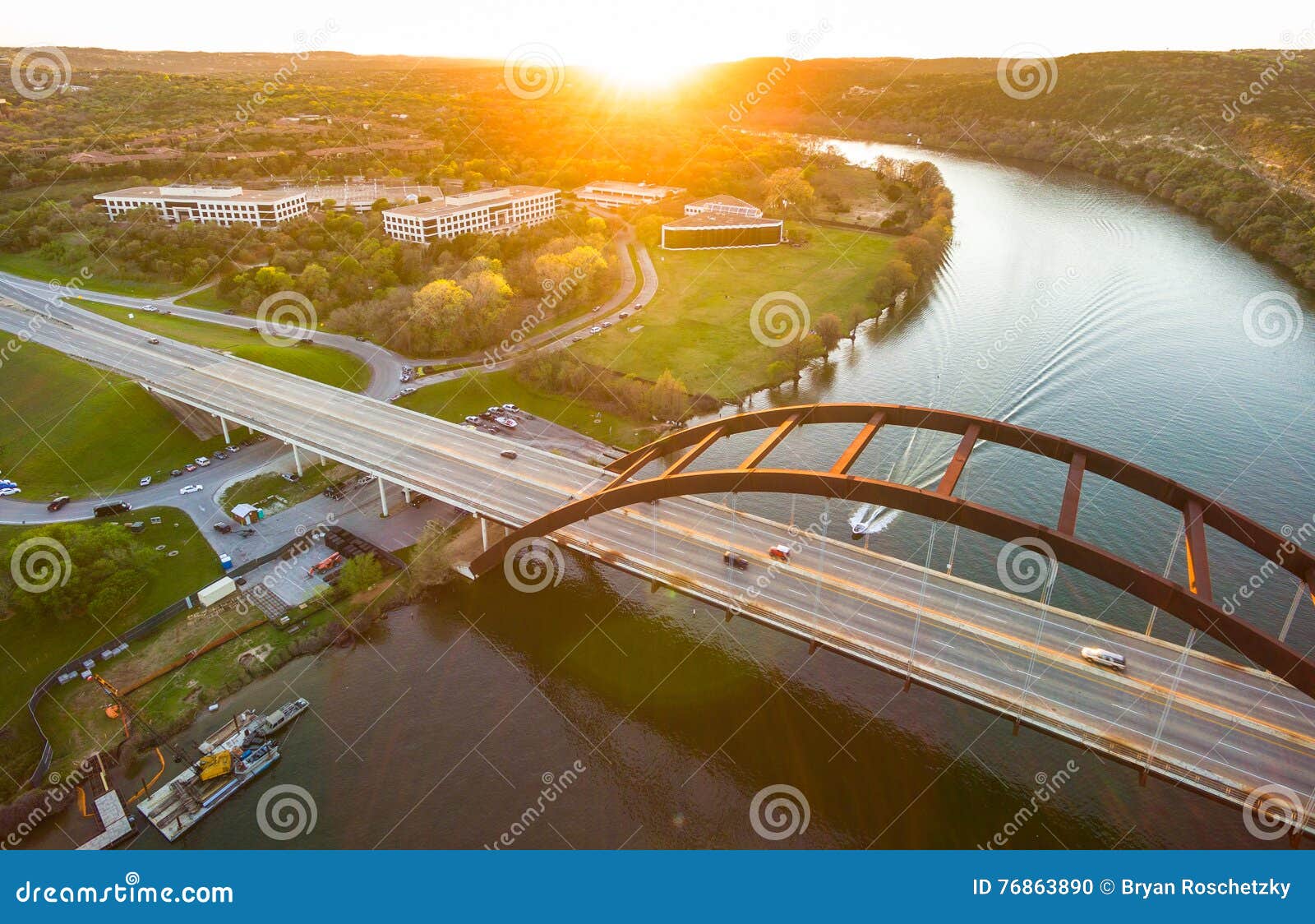 aerial pennybacker bridge or 360 bridge austin texas landscape over colorado river town lake