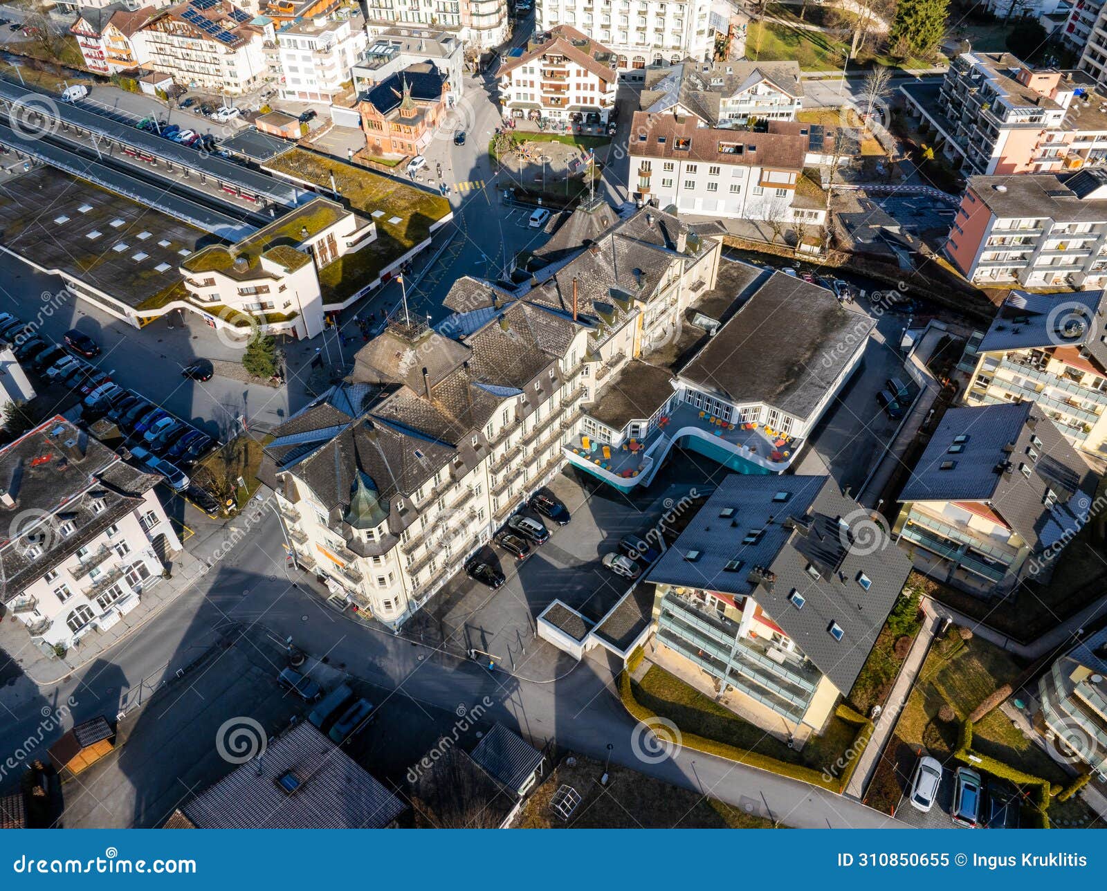 aerial perspective of engelberg, a swiss mountain resort village.