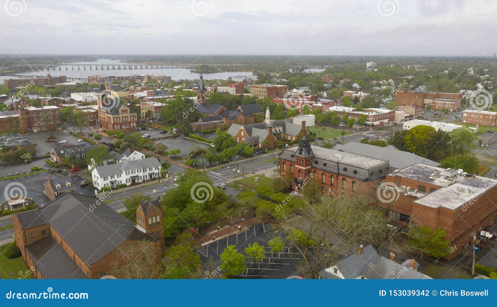 aerial perspective over the downtown urban city center of new bern nc
