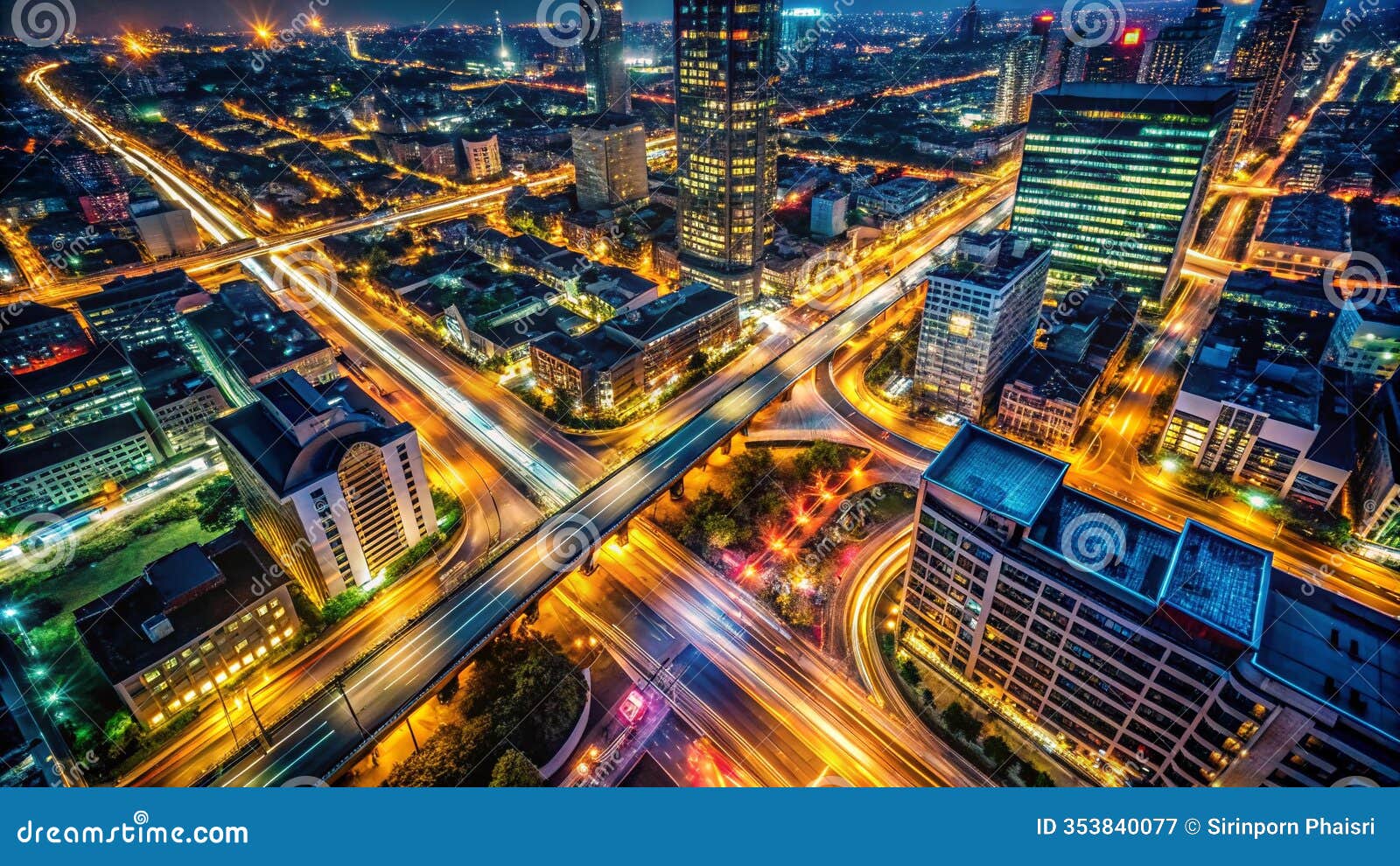 aerial perspective of a vibrant night city capturing the dynamic movement of traffic light trails across a stunning