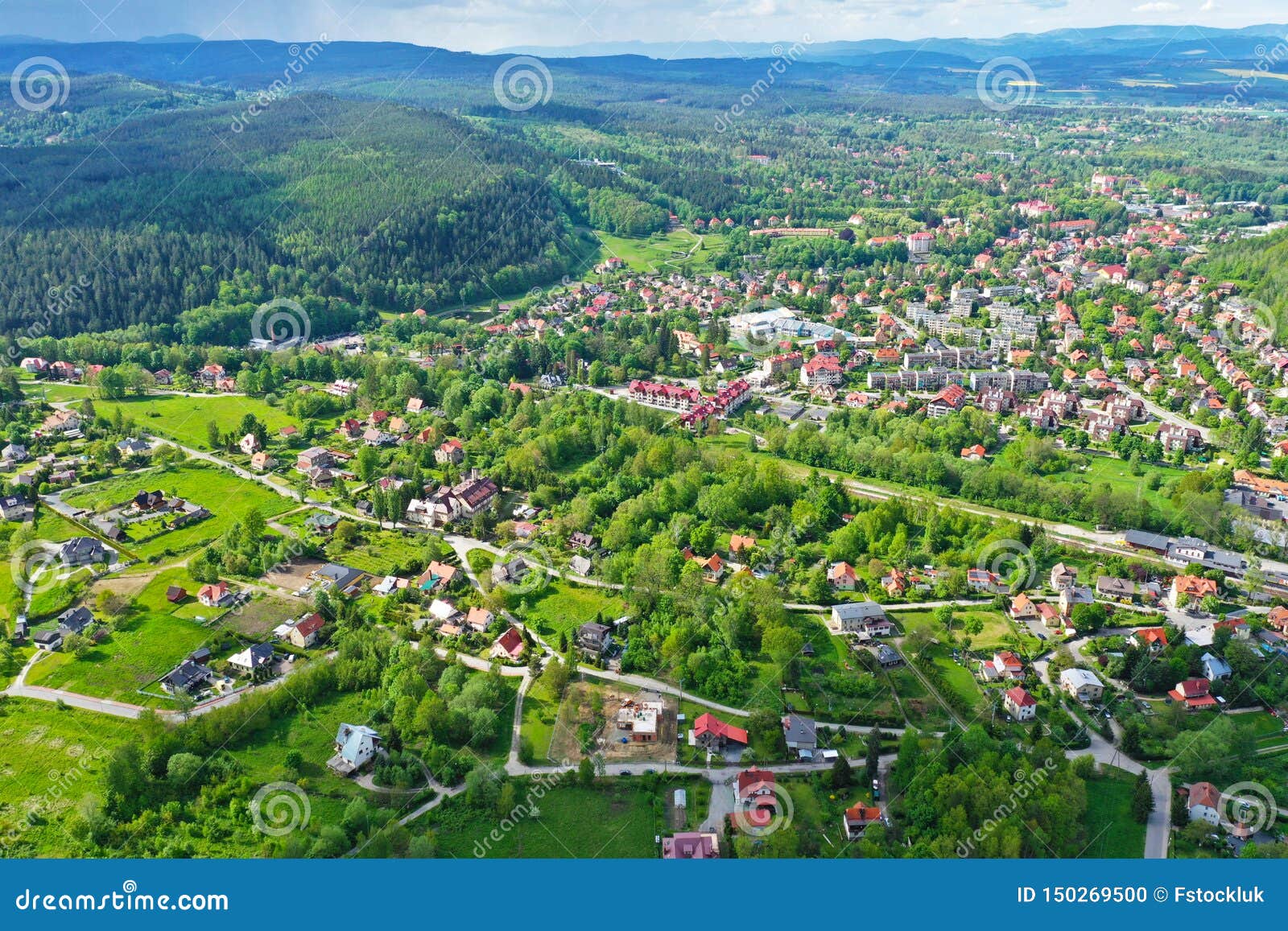 Aerial Perspective View on Sudety Mountains with Touristic City in the