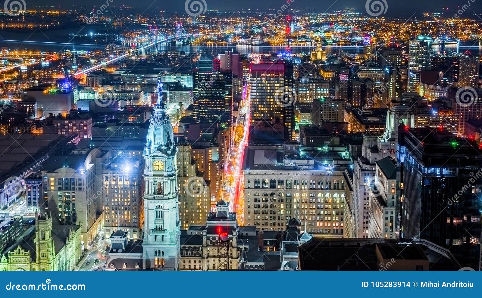aerial philadelphia cityscape by night