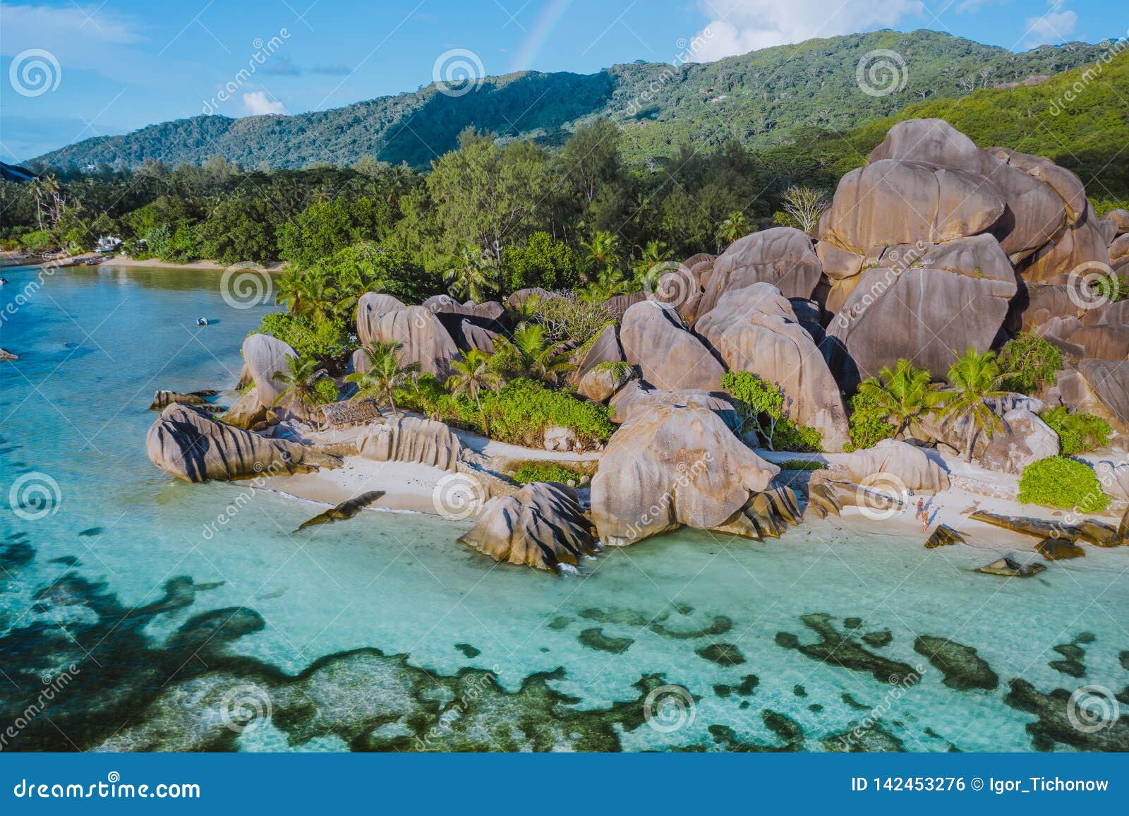 aerial photo of amazing granite rocks on beautiful paradise tropical beach anse source d argent at la digue island