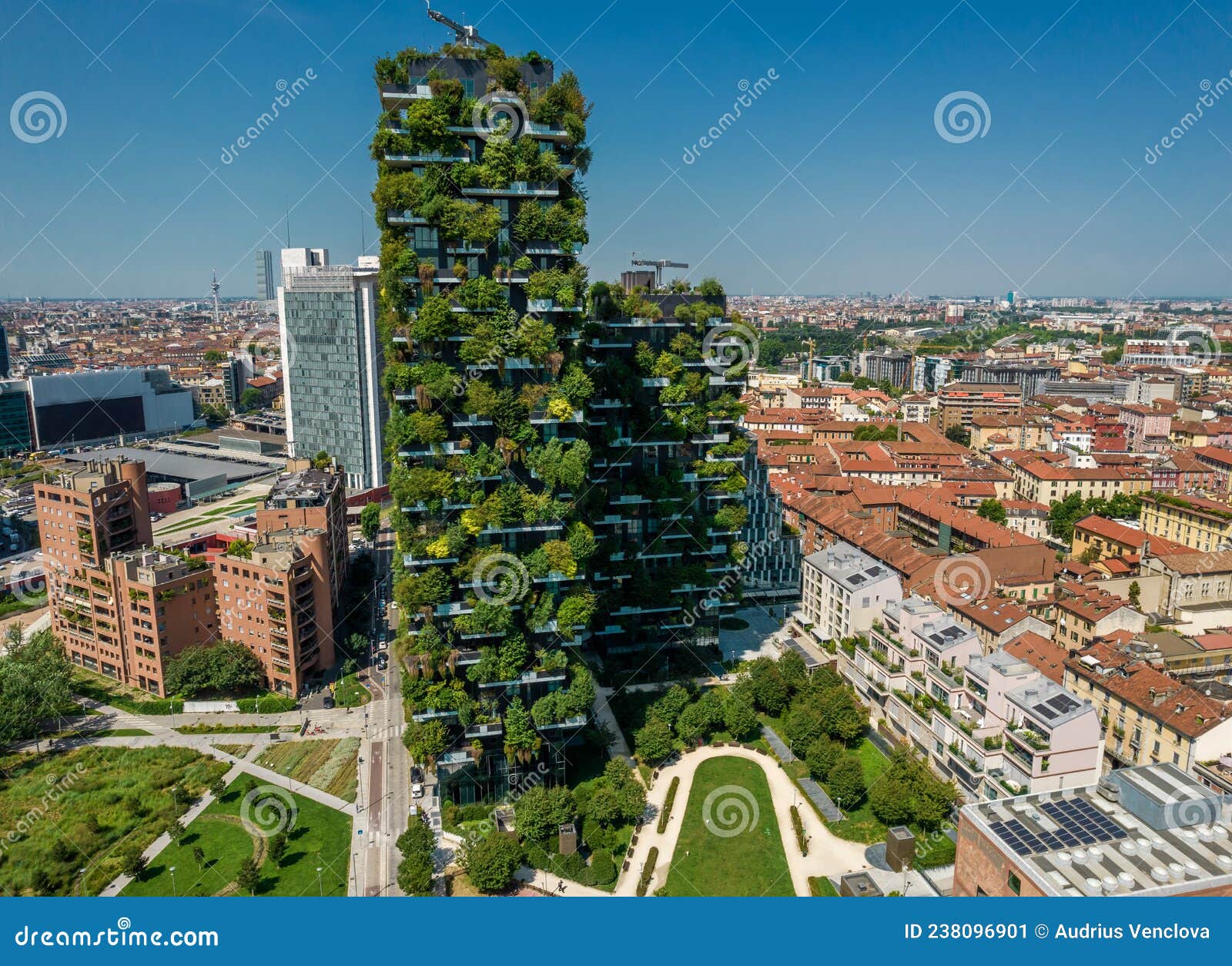 aerial photo of bosco verticale, vertical forest in milan, porta nuova district
