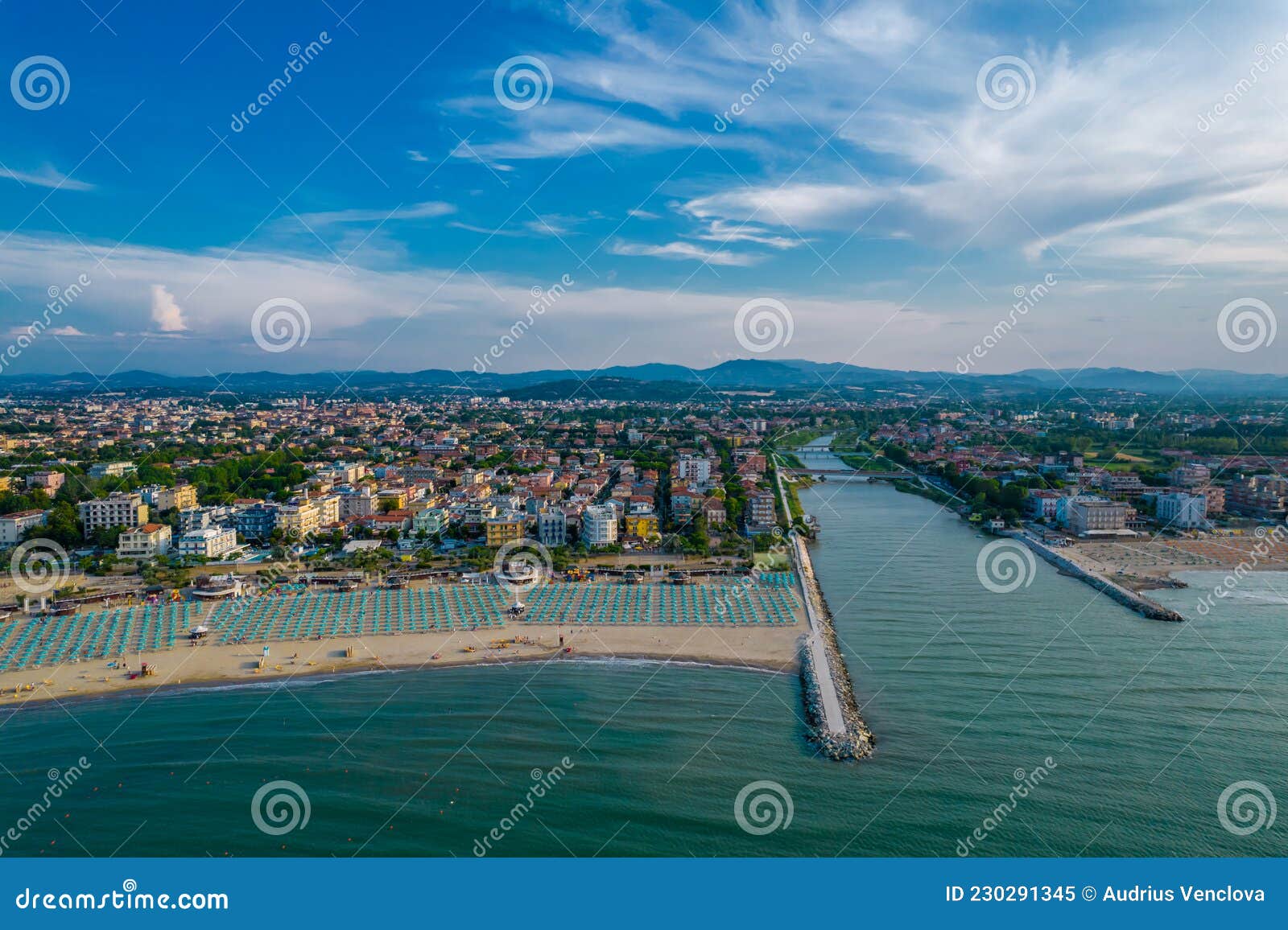 aerial photo of the coast and canal of the resort of rimini