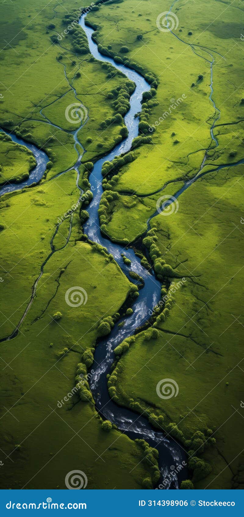 tranquil aerial view of a majestic river flowing through vibrant green landscape