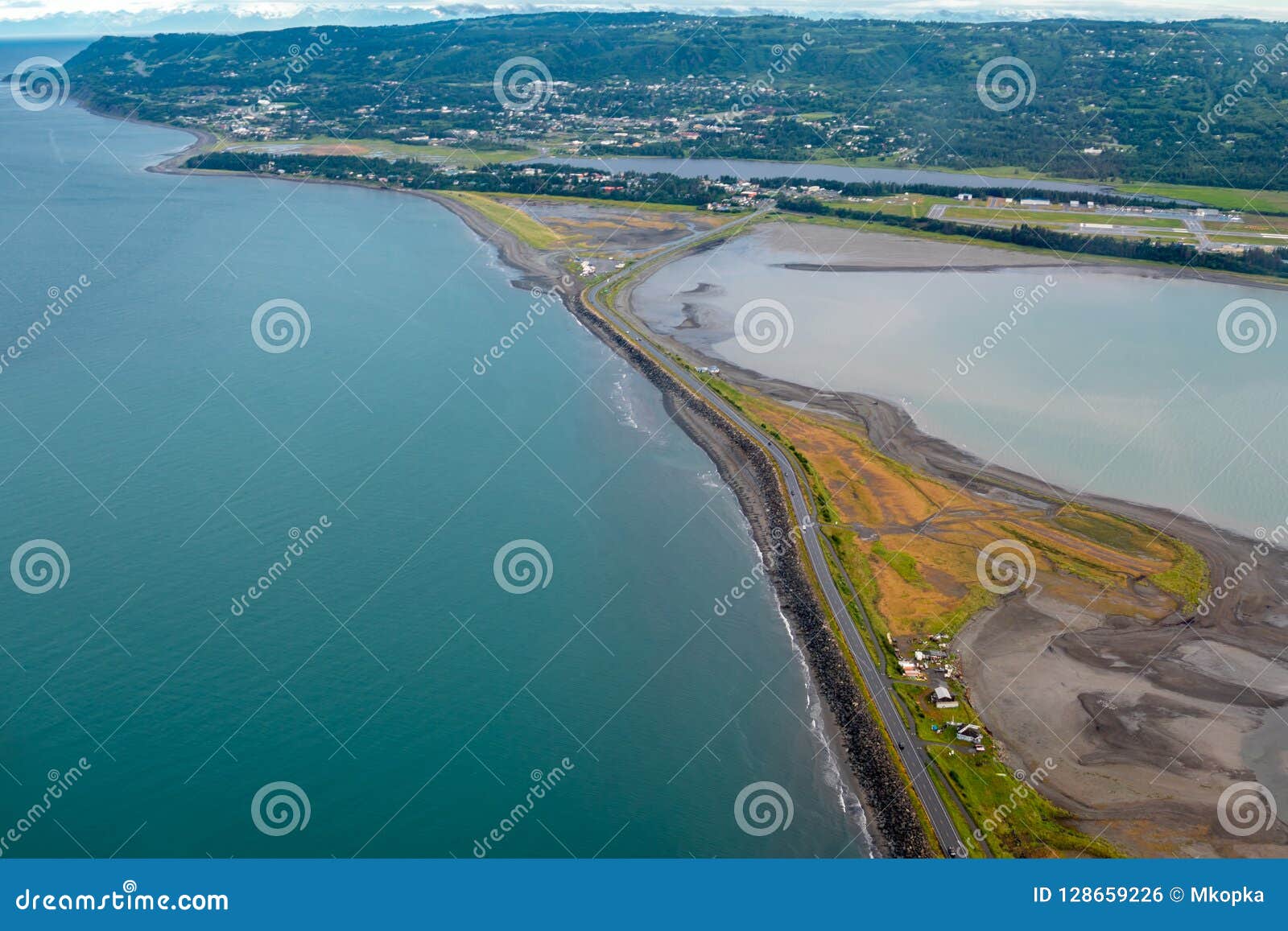 aerial photography view of the homer spit, in homer alaska