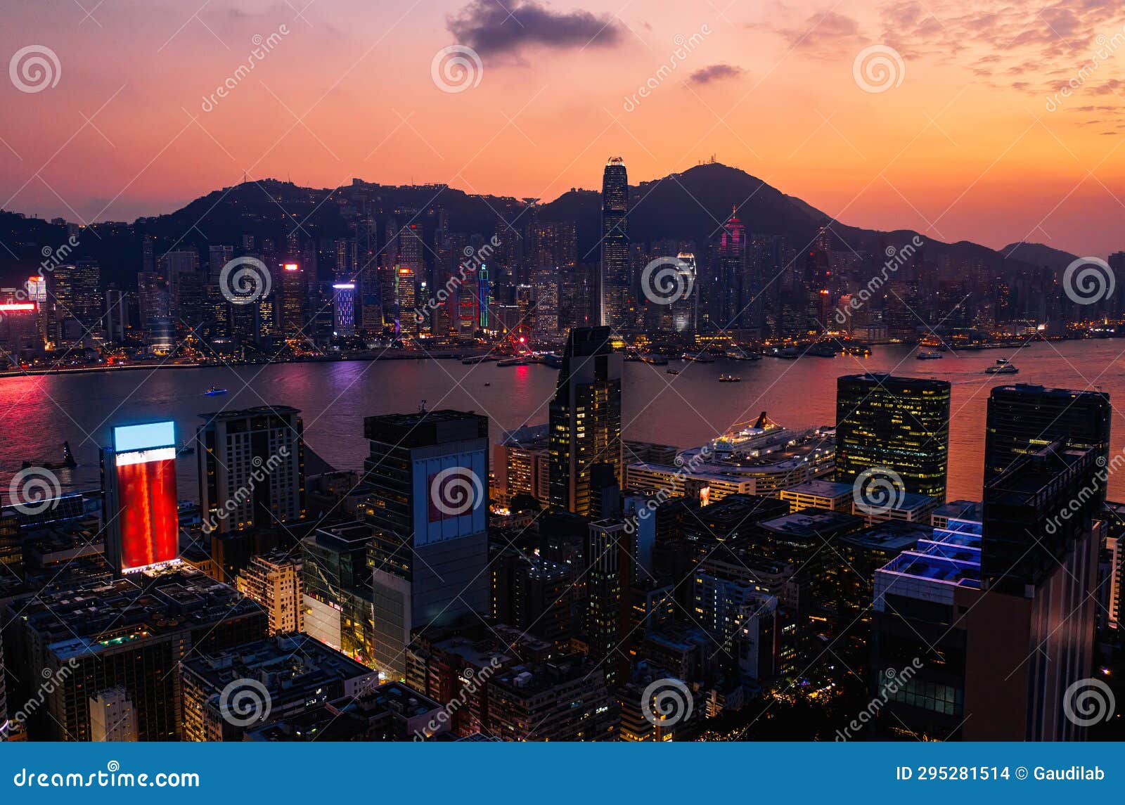 Aerial Scenery Panoramic View of Hong Kong Evening with Metropolitan