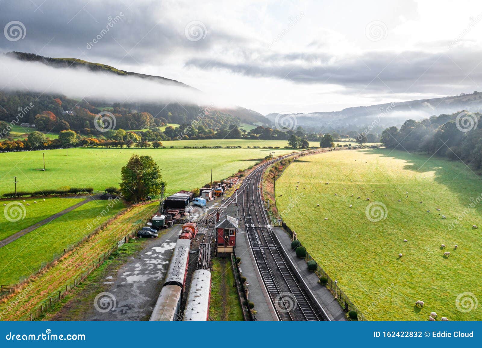 aerial shoot over historic train station in wales