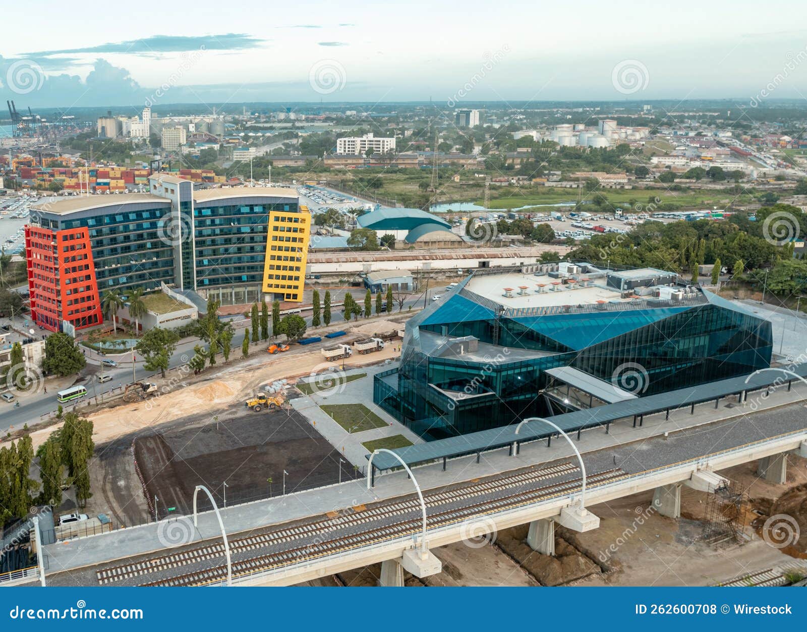 aerial shot of a dar es salaam new train station next to the colorful building