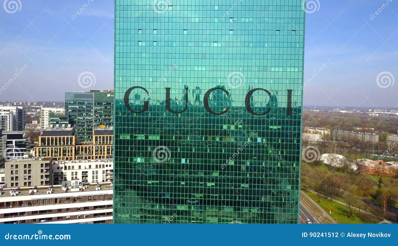 Aerial Shot of Office Skyscraper with Gucci Logo. Modern Office Building.  Editorial 3D Rendering Editorial Photography - Image of company, gucci:  90241512