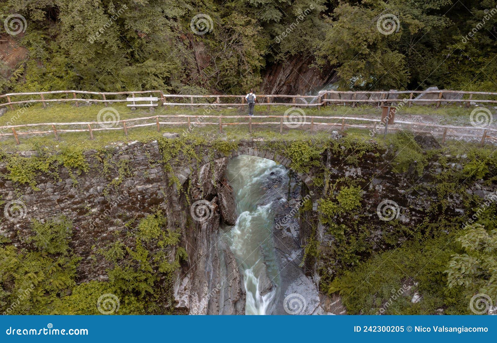aerial photo of a photographer taking a picture from an old stone bridge, surrounded by lush vegetation. an emerald-colored river