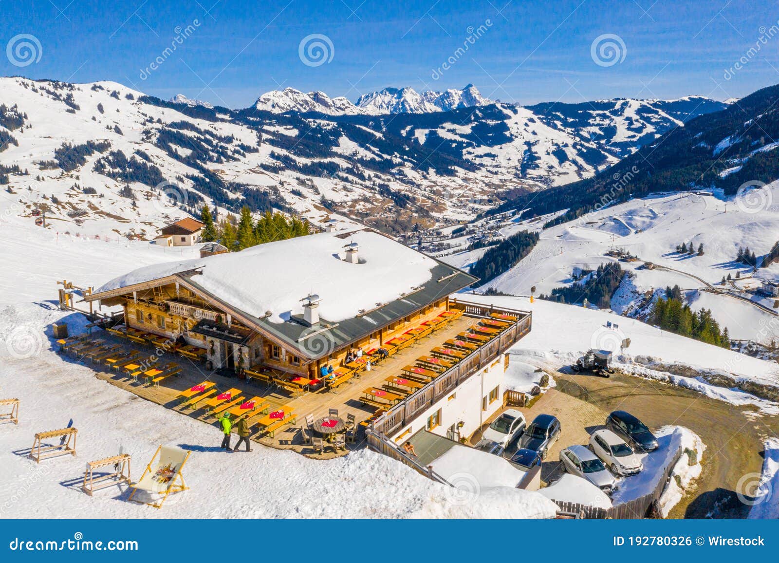 aerial shot of saalbach-hinterglemm alpine resort town in  austria