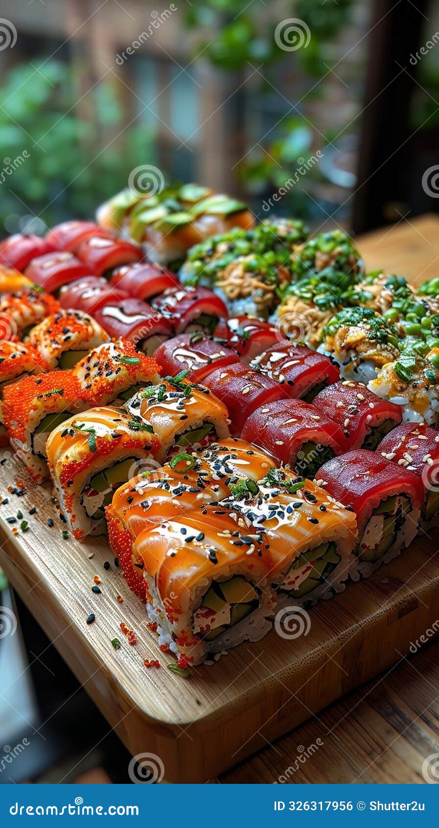 aerial shot vegan emotion pure scene assorted vegan sushi on a bamboo mat symmetrical lighting natural light lunch