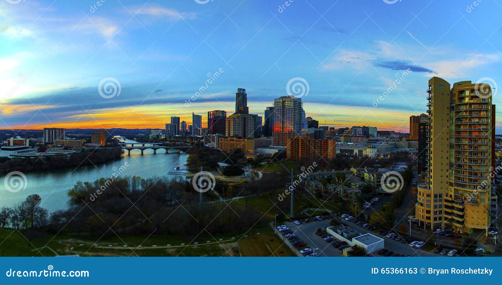 aerial skyline sunset tall condo foreground austin texas capital cities glowing busy at night