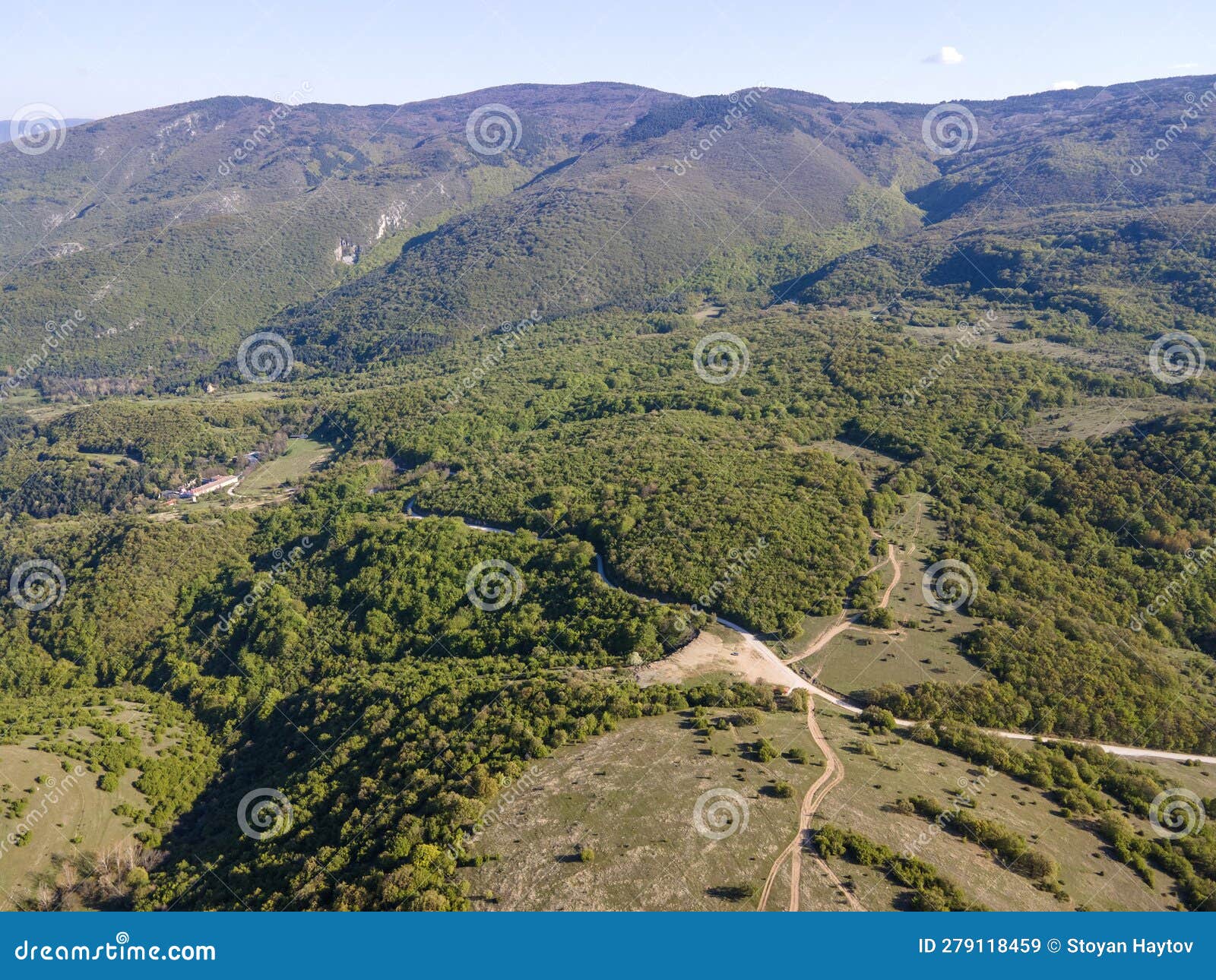 aerial spring view of rhodopes mountain near town of kuklen, bulgaria