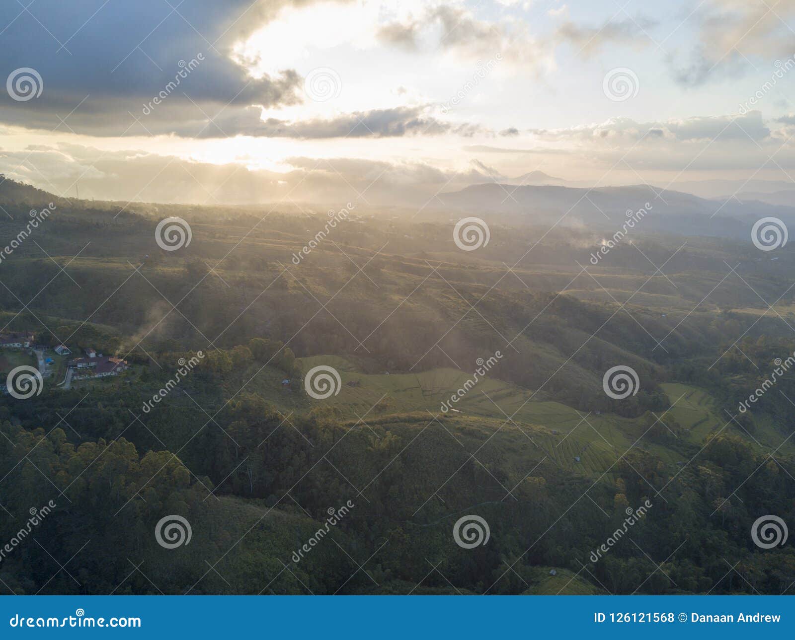 aerial sunset and rice fields in ruteng