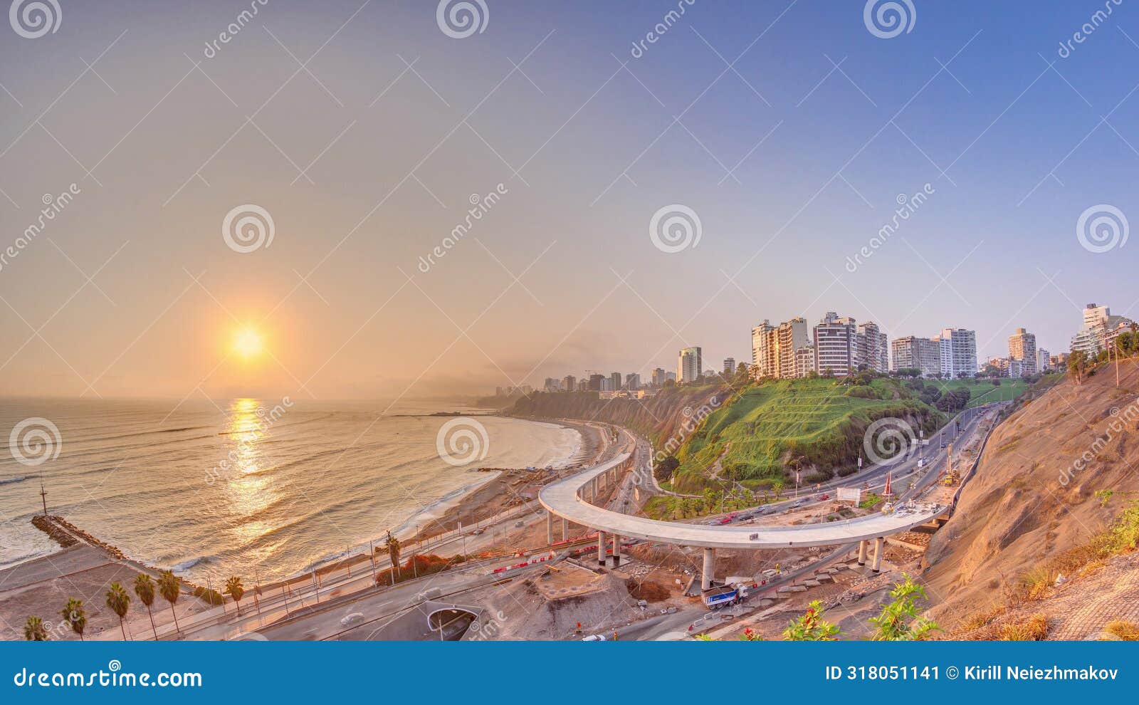 aerial sunset view of lima's coastline in the neighborhood of miraflores timelapse, lima, peru