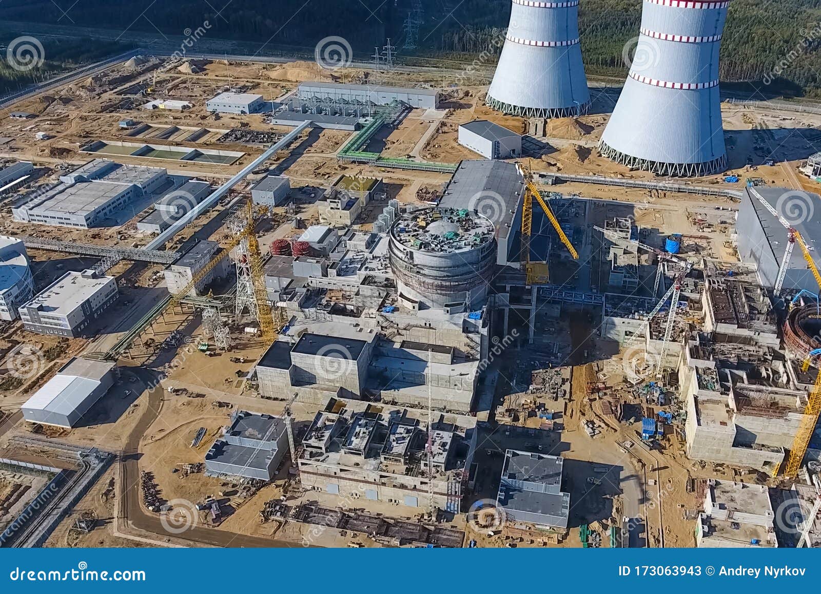 Aerial Survey of a Nuclear Power Plant Under Construction. Insta Stock