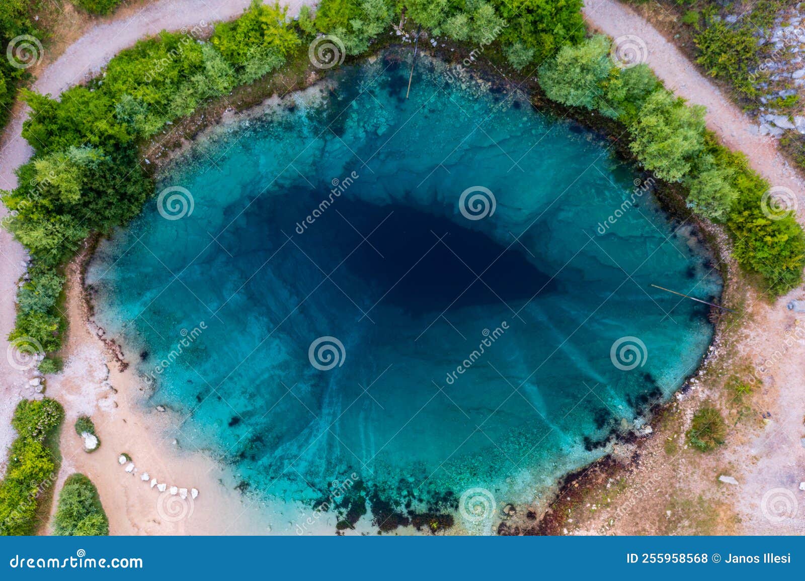 aerial top down view about cetina river spring (izvor cetine)