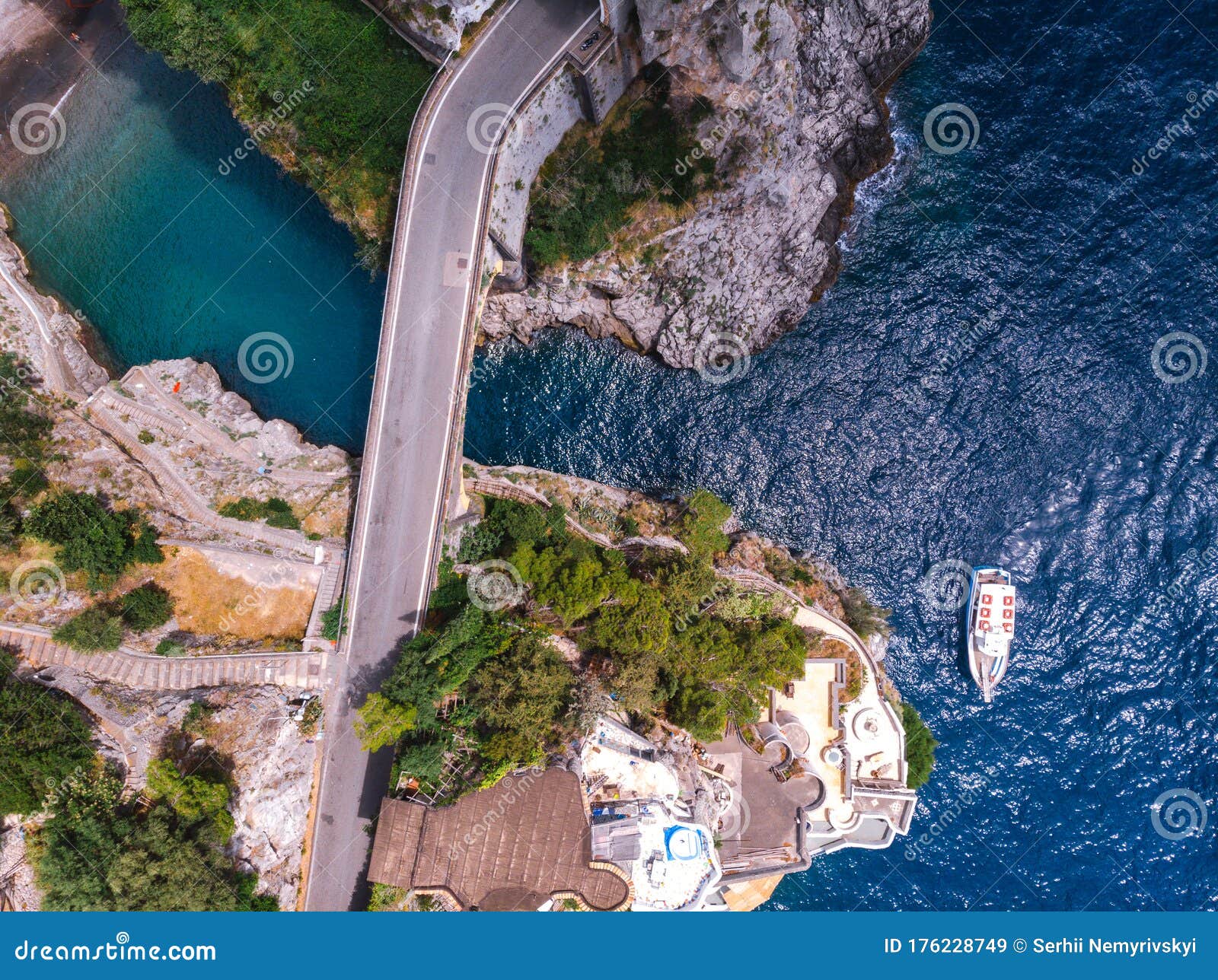 aerial top down view of fiordo di furore beach. incredible beauty panorama of a paradise. the rocky seashore of southern italy.