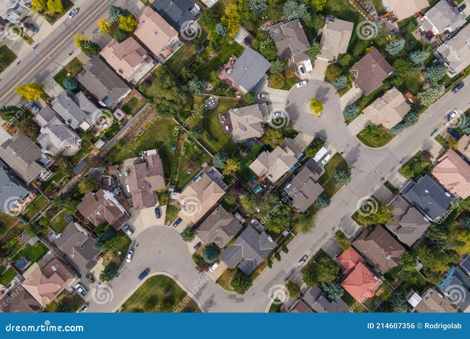 aerial top down view of residential neighbourhood in calgary, alberta, canada